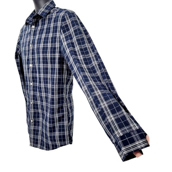 2/$20 H&M Navy Blue & White Plaid Pattern Buttons Down Shirt Slim Fit Size: M - Picture 7 of 12